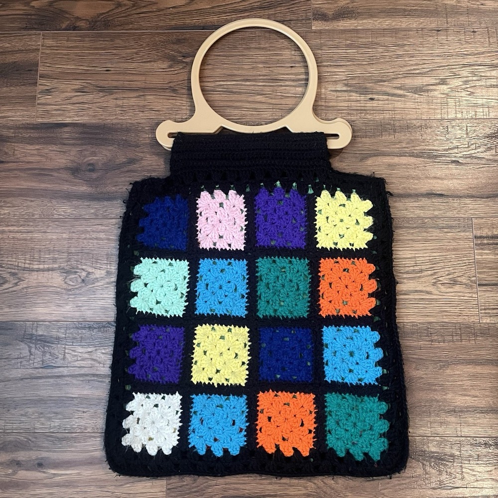 Handmade Crochet Granny Square Tote Bag Boho Y2K Lined Handles